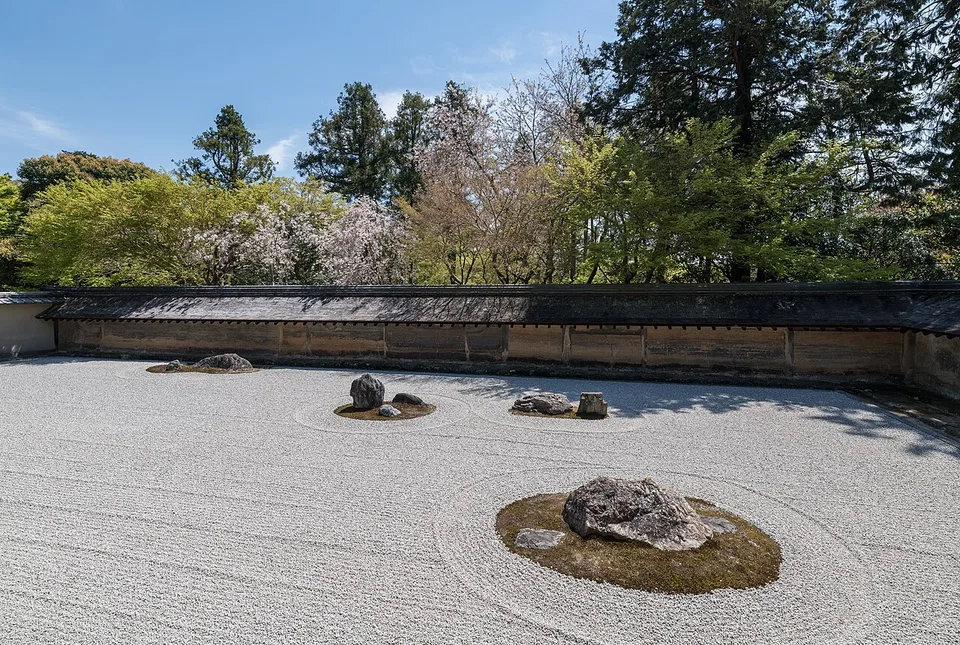 The karesansui rock garden at Ryōan-ji, Kyoto — fifteen stones arranged in raked white gravel