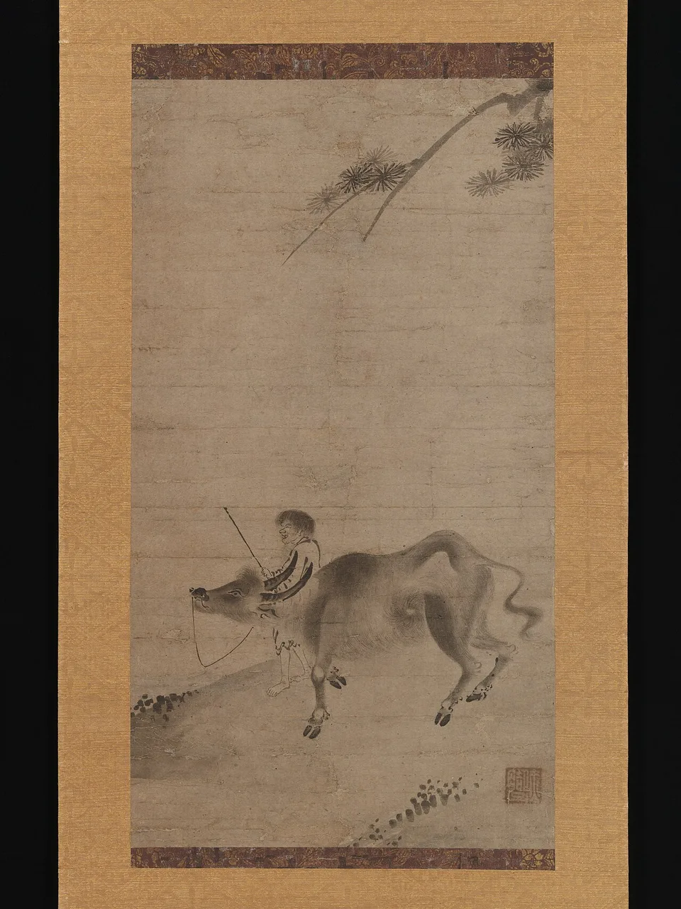 A panel from the Ten Bulls (Oxherding) sequence — ink and colour on silk, depicting one stage of the path